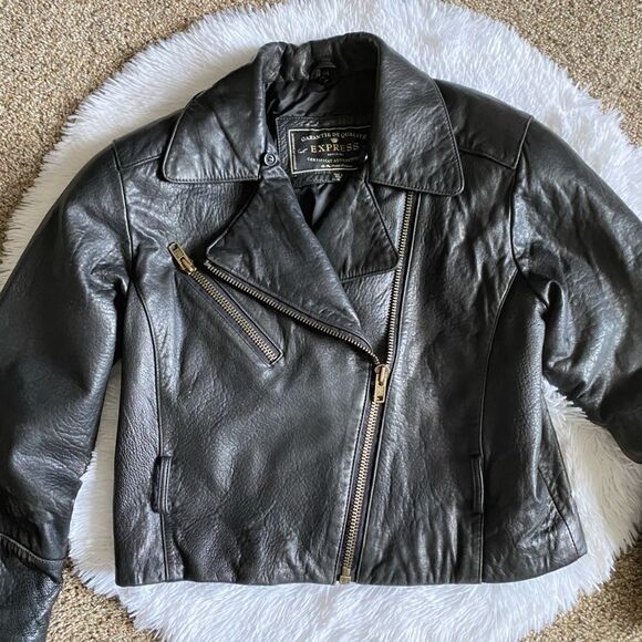 Express Genuine Leather Jacket Vintage Black Moto Y2K Womens Size Medium No Belt - Picture 6 of 11